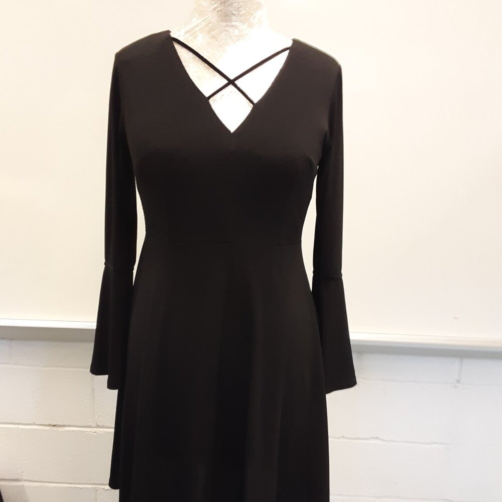 Ashley Graham Knee Length Black Dress with Ruffle Sleeve